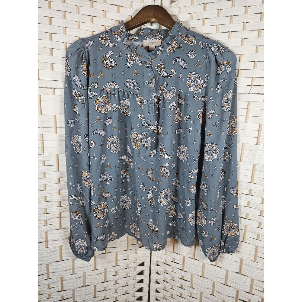 LOFT Womans Gray Paisley High Neck Blouse Sz Large Prairie Work Career